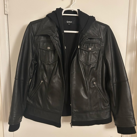 Quince Women’s Black Leather Jacket with Hood Insert - Picture 5 of 8